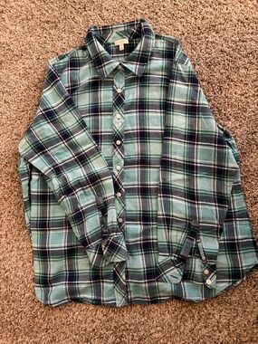Talbots Teal and Navy Plaid Button-Down Shirt